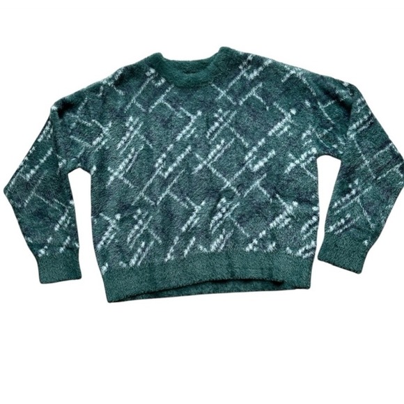 Current Air  Emerald Green Argyle Sweater Fuzzy Knit Pullover Crewneck Women. - Picture 3 of 4
